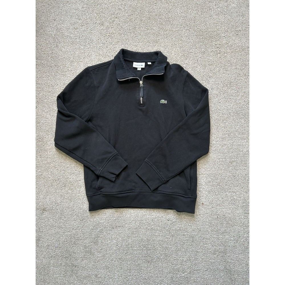 Lacoste Jumper Mens Large Black 1/4 Zip Pullover Sweatshirt Embroidered Logo Top